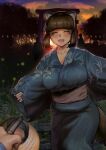 1girl animal_ears bangs blue_kimono blunt_bangs blush breasts brown_hair closed_eyes cloud cloudy_sky cowboy_shot gesogeso grass highres japanese_clothes kimono large_breasts open_mouth original outdoors print_kimono sky sleeves_past_wrists smile tail 