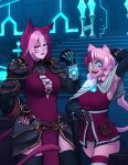  2girls :d absurdres animal_ears armpits belt blue_eyes breasts cat_ears cat_girl cat_tail center_opening cleavage commission cowboy_shot elbow_gloves facial_mark fangs final_fantasy final_fantasy_xiv fu_shark gauntlets gloves green_eyes heterochromia highres indoors large_breasts medium_breasts miniskirt miqo&#039;te multicolored_hair multiple_girls open_mouth orange_eyes pelvic_curtain pink_hair purple_hair skirt smile tail thighhighs two-tone_hair whisker_markings 