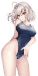  1girl ahoge bangs blue_swimsuit breasts covered_navel covered_nipples fate/grand_order fate_(series) highleg highleg_swimsuit highres jeanne_d&#039;arc_(alter)_(fate) jeanne_d&#039;arc_(fate)_(all) large_breasts mergerri one-piece_swimsuit short_hair silver_hair simple_background solo swimsuit white_background yellow_eyes 
