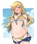  1girl bangle bare_shoulders bikini blonde_hair blue_eyes blush bracelet breasts cleavage clothes_pull collarbone contrapposto cowboy_shot denim denim_shorts front-tie_bikini front-tie_top full-face_blush highres idolmaster idolmaster_cinderella_girls idolmaster_cinderella_girls_starlight_stage jewelry layered_bikini long_hair looking_at_viewer medium_breasts multicolored multicolored_bikini multicolored_clothes navel necklace ohtsuki_yui open_mouth outside_border panties shirota_mizuki short_shorts shorts shorts_pull side-tie_bikini sky smile solo striped striped_bikini swimsuit thigh_gap underboob underwear undressing 