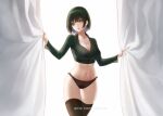  1girl absurdres ame_816 ass_visible_through_thighs bangs black_legwear black_panties black_shirt breasts cleavage collarbone collared_shirt commission curtains eyebrows_visible_through_hair fubuki_(one-punch_man) green_eyes highres jewelry large_breasts long_sleeves looking_at_viewer midriff navel necklace one-punch_man panties parted_lips shirt short_hair solo thighhighs thighs underwear 