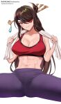  1girl abs armpits artist_name beidou_(genshin_impact) breasts brown_hair cleavage collarbone commentary eyepatch fanbox_username genshin_impact hair_ornament hair_over_one_eye highres large_breasts long_hair looking_at_viewer pantheon_eve pants patreon_username red_eyes red_sports_bra simple_background skin_tight smile solo sports_bra sportswear spread_legs sweat teeth toned towel towel_around_neck white_background yoga_pants 