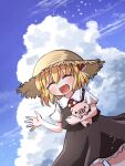  1girl :d ^_^ black_skirt black_vest blonde_hair blue_sky brown_headwear closed_eyes cloud cowboy_shot dutch_angle eyebrows_visible_through_hair facing_viewer hat highres light_particles open_mouth outdoors pig rokugou_daisuke rumia shirt short_hair short_sleeves skirt sky smile standing straw_hat touhou touhou_cannonball vest white_shirt 