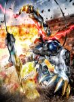  charging_forward claws explosion glowing glowing_eyes gundam gundam_barbatos gundam_barbatos_lupus_rex gundam_tekketsu_no_orphans mecha mechanical_tail mobile_suit motion_blur no_humans open_hand science_fiction solo tail twisted_torso v-fin youiki 
