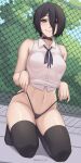  1girl bangs bare_arms bare_shoulders black_choker black_hair breasts chain-link_fence chainsaw_man choker commentary eyebrows_visible_through_hair fence green_eyes hair_between_eyes highres looking_at_viewer navel panties panty_pull reze_(chainsaw_man) seiza shellvi shirt sitting smile solo stomach thighhighs underwear 