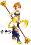  1girl animal_ears breasts breath_of_fire breath_of_fire_ii bustier cat_ears cat_tail facial_mark furry furry_female gloves green_eyes hari_(kureon) looking_at_viewer medium_breasts no_pants open_mouth orange_hair pointy_ears rinpoo_chuan short_hair simple_background solo staff tail white_background 