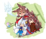  &gt;_&lt; 3girls akagi_(azur_lane) alternate_costume amagi_(azur_lane) animal_ears azur_lane bangs blunt_bangs blush brown_hair commentary_request eyebrows_visible_through_hair fox_ears fox_girl fox_tail from_above giving_up_the_ghost hair_ornament hair_tubes hand_fan hot japanese_clothes kaga_(azur_lane) kyuubi long_hair long_sleeves lying multiple_girls multiple_tails open_mouth pleated_skirt putimaxi short_hair sidelocks skirt sleeping sleeping_on_person steam sweat tail tatami thick_eyebrows wavy_mouth white_hair wide_sleeves 