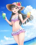  1girl :d bangs bikini blue_sky blunt_bangs breasts brown_hair brown_headwear cleavage cloud collarbone day drinking_straw floating_hair flower green_eyes hair_flower hair_ornament hat hat_flower hibiscus highres holding idolmaster idolmaster_cinderella_girls isaki_(gomi) kobayakawa_sae layered_bikini long_hair looking_at_viewer navel ocean open_mouth outdoors pink_bikini pink_flower red_flower sky small_breasts smile solo summer sun_hat swimsuit thigh_gap very_long_hair yellow_headwear 