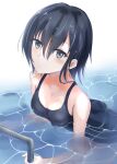  1girl black_eyes black_hair black_swimsuit breasts commentary_request highres i-13_(kancolle) kantai_collection looking_at_viewer one-piece_swimsuit partially_submerged pool_ladder school_swimsuit short_hair small_breasts solo sumisaki swimsuit upper_body water 