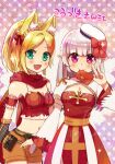  2girls :3 absurdres alternate_color animal_ear_fluff animal_ears archbishop_(ragnarok_online) arm_garter aura_(a440) bangs bell blonde_hair blunt_bangs blush bow braid breasts brown_shorts cleavage cleavage_cutout closed_mouth clothing_cutout commentary_request commission contrapposto cowboy_shot crop_top dress envelope eyebrows_visible_through_hair french_braid green_eyes grey_hair hair_bell hair_bow hair_ornament hat highres jingle_bell letter long_hair looking_at_viewer looking_to_the_side medium_breasts medium_hair midriff mouth_hold multiple_girls navel official_alternate_costume open_mouth parted_bangs pink_hair pointy_ears poring pouch ragnarok_online ranger_(ragnarok_online) red_bow red_dress red_scarf sailor_hat scarf shorts small_breasts smile two-tone_dress v white_dress 
