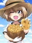  1girl ;d bag bangs blonde_hair blue_eyes blue_sky bob_cut brown_headwear cloud cloudy_sky commentary day dirty dirty_clothes dirty_face eyebrows_visible_through_hair fang food girls_und_panzer gloves hat highres holding holding_bag holding_food holding_vegetable katyusha_(girls_und_panzer) key_(gaigaigai123) looking_at_viewer one_eye_closed open_mouth outdoors paper_bag potato shirt short_hair short_sleeves sky smile solo sparkle straw_hat sweat t-shirt upper_body vegetable white_gloves white_shirt 