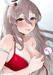  1girl absurdres bangs bikini blush breasts brown_eyes cleavage covering covering_breasts gradient gradient_background grey_hair hair_between_eyes hat highres kantai_collection large_breasts long_hair nipples open_mouth pola_(kancolle) red_bikini simple_background solo sweat swimsuit thick_eyebrows tongue tongue_out toriniku_senshi_chikinman untied untied_bikini upper_body wavy_hair 
