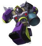  1boy absurdres beard clenched_hand concrete_mixer_truck constructicon construction_worker decepticon drum_(container) facial_hair highres jeetdoh mecha mixmaster oil red_eyes running transformers transformers_animated white_background 