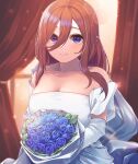  1girl absurdres bare_shoulders blue_flower blue_rose blush bouquet breasts brown_hair cleavage collarbone detached_sleeves dress elbow_gloves flower gloves go-toubun_no_hanayome hair_between_eyes highres holding holding_bouquet indoors kurobi_(netisz) large_breasts long_hair looking_at_viewer nakano_miku purple_eyes red_curtains rose short_sleeves smile solo strapless strapless_dress upper_body wedding_dress white_dress white_gloves white_sleeves 