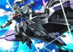  absurdres beam_saber dual_wielding explosion flying freedom_gundam gundam gundam_seed highres holding holding_sword holding_weapon mecha meteor_(gundam) mobile_suit moyashi_(karamisouma) no_humans solo sword v-fin weapon yellow_eyes 