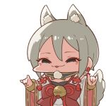  1girl :3 :d animal_ear_fluff animal_ears bell double_fox_shadow_puppet facial_mark fox_ears fox_shadow_puppet fox_tail grey_eyes grey_hair half-closed_eyes idolmaster idolmaster_cinderella_girls japanese_clothes jingle_bell kimono looking_at_viewer open_mouth parted_lips shiomi_syuko simple_background smile solo tail takato_kurosuke white_background 