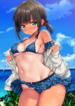  1girl adapted_costume bangs bare_shoulders beach bikini black_hair blue_bikini blue_sky blurry blush breasts cloud collarbone commentary_request covered_nipples cowboy_shot day dress eyebrows_visible_through_hair fubuki_(kancolle) green_eyes hair_ornament hair_scrunchie halterneck highleg highres jacket kantai_collection long_sleeves looking_at_viewer medium_breasts navel nijimoto_hirok ocean off_shoulder one-piece_tan open_clothes open_jacket outdoors parted_lips polka_dot polka_dot_bikini polka_dot_dress polka_dot_scrunchie scrunchie short_ponytail skindentation skirt sky solo standing stomach string_bikini sweat sweatdrop swimsuit swimsuit_under_clothes tan tanlines underboob water white_jacket 