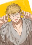  &gt;_o 1boy adjusting_eyewear bara blonde_hair blush glasses granblue_fantasy green_eyes grey_kimono highres japanese_clothes kimono looking_at_viewer male_focus migi_(mm86262394) muscular muscular_male one_eye_closed open_mouth pectoral_cleavage pectorals short_hair simple_background smile solo upper_body vane_(granblue_fantasy) 