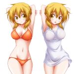  1girl arms_behind_head arms_up bangs bikini bikini_under_clothes blonde_hair closed_mouth eyebrows_visible_through_hair groin hidamari_sketch kikuchi_tsutomu looking_at_viewer low_twintails medium_hair miyako_(hidamari_sketch) multiple_views navel no_pants open_mouth orange_bikini shirt smile standing swimsuit t-shirt twintails white_shirt yellow_eyes 