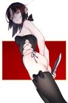  1girl 50mgnicotine absurdres arms_behind_back ass bare_shoulders black_bow black_hair black_legwear border bow combat_knife film_grain fingernails flaming_eye highres holding holding_knife holding_weapon knife medium_hair mole mole_under_eye original red_eyes signature skindentation solo thighhighs weapon white_border yandere 