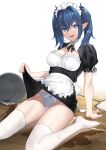  1girl apron arm_support black_neckwear black_ribbon black_skirt blue_eyes blue_hair blue_panties breasts broom cleavage clothes_lift commentary_request hair_between_eyes highres lifted_by_self looking_at_viewer maid maid_headdress medium_breasts open_mouth original panties pointy_ears prime puffy_short_sleeves puffy_sleeves ribbon short_hair short_sleeves sitting skirt skirt_lift solo thighhighs twintails underwear wet white_apron white_legwear 