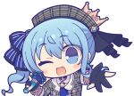  1girl ;d bangs beckoning beret black_gloves blue_eyes blue_hair blue_ribbon blush chibi crown gloves grey_headwear hair_between_eyes hair_ribbon hat holding holding_microphone hololive hoshikuzu_no_yoru hoshimachi_suisei looking_at_viewer medium_hair microphone one_eye_closed open_mouth partially_fingerless_gloves plaid_headwear reaching_out ribbon side_ponytail sidelocks simple_background smile solo star_(symbol) star_in_eye symbol_in_eye virtual_youtuber white_background 