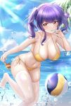  1girl absurdres azur_lane ball bare_shoulders beach beachball bent_over bikini blue_sky breasts cleavage cloud cloudy_sky collarbone commentary_request eyebrows_visible_through_hair hair_between_eyes highres holding horizon jyu-so large_breasts long_hair looking_away midriff navel ocean official_alternate_costume parted_lips pola_(azur_lane) pola_(seaside_coincidence)_(azur_lane) purple_hair red_eyes sidelocks sky solo spaghetti_strap starfish sunlight swimsuit twintails water_drop wet wet_clothes white_legwear yellow_bikini 