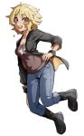  1girl absurdres black_footwear black_jacket blonde_hair boots breasts brown_eyes brown_shirt cleavage commission eyebrows_visible_through_hair hand_on_hip highres jacket medium_breasts medium_hair midair oninuer open_clothes open_jacket original shirt smile solo star_(symbol) wrist_cuffs 