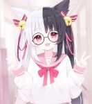  1girl :3 :d alice_mana alice_mana_channel animal_ears bangs bell blunt_bangs blurry bow cat_ears commentary_request depth_of_field deyui double_v eyebrows_visible_through_hair glasses hair_bow hair_ribbon highres long_hair long_sleeves looking_at_viewer multicolored_hair open_mouth red_eyes ribbon school_uniform serafuku sidelocks signature smile solo twintails two-tone_hair v virtual_youtuber 