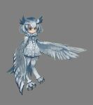  1girl animal_feet bangs bird_legs bird_tail coat commentary_request feathered_wings feathers grey_background harpy head_wings kemono_friends match314 monster_girl monsterification northern_white-faced_owl_(kemono_friends) short_hair simple_background solo tail tail_feathers talons white_feathers white_hair white_wings winged_arms wings 