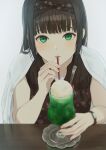  1girl bangs bare_arms black_dress black_hair black_hairband blunt_bangs cherry commentary dress drinking_straw_in_mouth english_commentary food fruit green_eyes grey_background hairband highres ice_cream ice_cream_float kurosawa_dia long_hair looking_at_viewer love_live! love_live!_sunshine!! mole mole_under_mouth papi_(papiron100) shirt shirt_on_shoulders signature simple_background soft_focus solo table watch white_shirt wristwatch 
