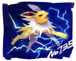  border commentary_request electricity fang full_body gen_1_pokemon jolteon kikuyoshi_(tracco) looking_at_viewer no_humans number open_mouth paws pokedex_number pokemon pokemon_(creature) purple_eyes solo toes tongue white_border 