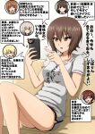  6+girls :d ;d akaboshi_koume bangs birthday blonde_hair blunt_bangs blush_stickers braid brown_eyes brown_hair cellphone closed_mouth commentary couch darjeeling_(girls_und_panzer) dolphin_shorts eyebrows_visible_through_hair frown girls_und_panzer grey_shorts highres holding holding_phone itsumi_erika kumamon leaning_back loungewear mother_and_daughter motion_lines multiple_girls nishizumi_maho nishizumi_miho nishizumi_shiho omachi_(slabco) on_couch one_eye_closed open_mouth phone print_shirt shirt short_hair short_shorts short_sleeves shorts siblings sisters sitting smile straight_hair t-shirt tied_hair translated twin_braids white_shirt 