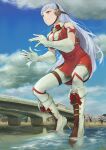  1girl absurdres animal_ears bangs boots breasts cosplay dress giant giantess gold_ship_(umamusume) high_heel_boots high_heels highres horse_ears horse_girl large_breasts long_hair pantyhose purple_eyes red_dress silver_hair smile solo tokusatsu tomato_salad_(picfile) ultra_series ultraman ultraman_(1st_series) ultraman_(cosplay) umamusume very_long_hair white_footwear 
