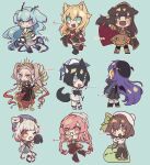  6+girls absurdres amemachi_hanabi animal_ears antennae baguette bangs beret black_dress black_hair black_jacket black_skirt blue_eyes blue_hair bow braid bread brown_dress brown_hair cardigan cat_ears cat_girl chibi commission dog_ears dog_girl dress ebisu_hydrey envelope everyone eyebrows_visible_through_hair floating_hair food food_in_mouth glasses green_bow grey_cardigan grey_hair grey_skirt hair_bow hat highres holding holding_envelope hoshino_char inukai_purin jacket mailman matsuro_meru military military_uniform miori_celesta mogu_(miori_celesta) multiple_girls muni_(matsuro_meru) nini_yuuna orla_gan_ceann pink_hair plaid plaid_skirt purple_eyes purple_hair sitting skirt slime_(creature) smile tail tsunderia twin_braids twintails two_side_up umiushi_urara uniform v-shaped_eyebrows virtual_youtuber white_dress white_hair white_headwear wolf_ears wolf_girl wolf_tail yazaki_kallin yellow_eyes 