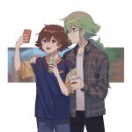  2boys :d alternate_costume bangs bespectacled black_pants brown_eyes brown_hair cellphone closed_mouth collared_shirt cup drinking_straw glasses green_hair grey_shirt highres hilbert_(pokemon) holding holding_cup holding_phone long_hair long_sleeves male_focus multiple_boys n_(pokemon) open_mouth p_(flavorppp) pants phone pokemon pokemon_(game) pokemon_bw ponytail shiny shiny_hair shirt short_hair short_sleeves smile tongue 