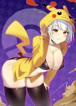  1girl :3 ass bent_over bikini black_bikini breasts cleavage commission cosplay eyebrows_visible_through_hair gen_1_pokemon hand_on_thigh highres hood hood_up hoodie large_breasts navel original pikachu pikachu_(cosplay) pokemon solo swimsuit thighhighs white_hair xiaodi yellow_eyes 