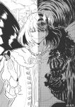 1boy animal black_vs_white bug butterfly butterfly_wings cape centipede crown dated dual_persona evil_grin evil_smile fate/grand_order fate_(series) greyscale grin highres insect insect_on_finger insect_wings looking_at_viewer male_focus monochrome oberon_(fate) one_eye_closed polar_opposites riffle_hunter smile solo split_theme spoilers symmetry tree upper_body wings 
