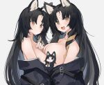  2girls :d animal_ears arknights asymmetrical_docking black_hair black_shirt breast_press breasts censored character_censor clothes_pull dog_ears dual_persona facial_mark forehead_mark highres large_breasts long_hair looking_at_viewer mikojin multiple_girls novelty_censor open_mouth partially_undressed saga_(arknights) shirt shirt_pull simple_background smile upper_body white_background yellow_eyes 