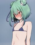  1girl bikini blue_background blue_bikini blush brown_eyes closed_mouth double_bun eyebrows_visible_through_hair flat_chest green_hair hair_between_eyes hair_ornament highres looking_down mamerakkkkko navel short_hair simple_background skull_hair_ornament solo sweat swimsuit uruha_rushia virtual_youtuber 