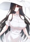  1girl black_hair breasts cleavage collarbone dress hair_over_one_eye hasshaku-sama hat highres large_breasts looking_at_viewer mou_tama_maru original parted_lips red_eyes see-through simple_background solo speech_bubble sun_hat upper_body urban_legend white_background white_dress 