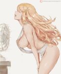  1girl areola_slip areolae blonde_hair breasts closed_eyes cutesexyrobutts electric_fan highres leaning_forward long_hair mythra_(xenoblade) no_bra open_mouth revealing_clothes shirt sideboob simple_background solo watermark web_address white_background white_shirt xenoblade_chronicles_(series) xenoblade_chronicles_2 