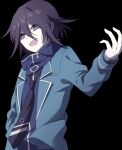  1boy :d alternate_costume bangs black_background black_neckwear commentary_request danganronpa_(series) danganronpa_v3:_killing_harmony green_jacket hair_between_eyes hand_up jacket long_sleeves looking_at_viewer male_focus necktie open_clothes open_jacket open_mouth ouma_kokichi pale_skin purple_eyes qiao_xing scarf shiny shiny_hair short_hair simple_background smile solo striped striped_neckwear upper_body 