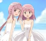  2girls alternate_costume arms_at_sides bangs bare_arms blue_sky blunt_bangs blurry blurry_background braid breasts cloud cloudy_sky collarbone commentary_request corsage day dot_nose dress eyebrows_visible_through_hair flower from_side hand_up happy head_wreath kaname_madoka kinfuji light_blush light_particles long_hair looking_at_viewer looking_back low-tied_long_hair low_ponytail magia_record:_mahou_shoujo_madoka_magica_gaiden mahou_shoujo_madoka_magica medium_hair multiple_girls open_mouth outdoors pink_eyes pink_hair shiny shiny_hair shiny_skin side-by-side sidelocks skinny sky sleeveless sleeveless_dress small_breasts smile spaghetti_strap sundress tamaki_iroha tareme tsurime upper_body waving white_dress white_flower wide-eyed 