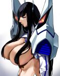  1girl areola_slip areolae bakkanki black_hair breasts hair_over_breasts huge_breasts junketsu kamui_(kill_la_kill) kill_la_kill kiryuuin_satsuki long_hair revealing_clothes solo thick_eyebrows topless white_background 