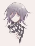  1boy bangs black_scarf checkered checkered_neckwear checkered_scarf commentary_request cropped_shoulders danganronpa_(series) danganronpa_v3:_killing_harmony eyebrows_visible_through_hair grey_background hair_between_eyes looking_at_viewer male_focus ouma_kokichi purple_eyes purple_hair qiao_xing scarf shiny shiny_hair short_hair simple_background sketch solo tongue tongue_out upper_body white_scarf 