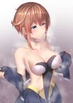  1girl ahegao alice_gear_aegis bangs blue_eyes blush bra breasts cleavage eyebrows_visible_through_hair highres jacket kanagata_sugumi looking_down motion_lines orange_hair puckered_lips removing_jacket short_hair simple_background steam steaming_body sweat translation_request underwear undressing yui_hiroshi 