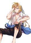  1boy ahoge akazateri arm_up blonde_hair blue_choker blue_eyes brown_pants choker clothes_around_waist collarbone commentary feet_out_of_frame granblue_fantasy hand_in_hair hand_on_own_knee hand_rest long_hair looking_to_the_side male_focus naoise open_clothes open_shirt pants shirt short_sleeves sidelocks simple_background solo white_background white_shirt 