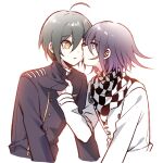  2boys ahoge alternate_hair_color bangs black_hair brown_eyes buttons checkered checkered_neckwear checkered_scarf clothes_grab commentary_request cropped_torso danganronpa_(series) danganronpa_v3:_killing_harmony double-breasted green_hair jacket jacket_grab jacket_pull licking_tears long_sleeves looking_at_another looking_at_viewer looking_back male_focus multiple_boys open_mouth ouma_kokichi purple_hair qiao_xing saihara_shuuichi scarf shiny shiny_hair simple_background tongue tongue_out white_background white_jacket yaoi yellow_eyes 