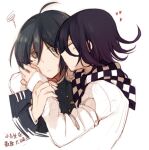  2boys ahoge bangs black_hair black_jacket brown_eyes buttons checkered checkered_neckwear checkered_scarf closed_eyes closed_mouth commentary_request danganronpa_(series) danganronpa_v3:_killing_harmony flipped_hair heart jacket kiss long_sleeves looking_at_viewer multiple_boys ouma_kokichi profile qiao_xing saihara_shuuichi scarf short_hair simple_background squiggle striped_jacket translation_request upper_body white_jacket yaoi 